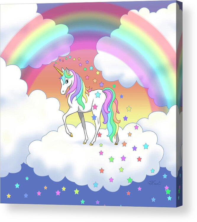 Unicorn Acrylic Print featuring the digital art Rainbow Unicorn Clouds and Stars by Crista Forest