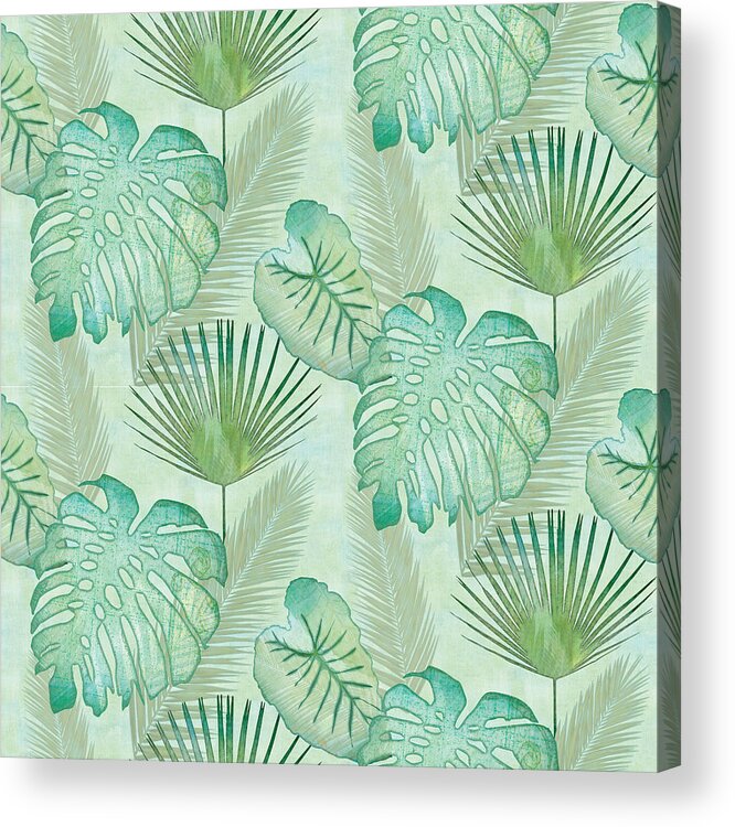 Rain Acrylic Print featuring the painting Rainforest Tropical - Elephant Ear and Fan Palm Leaves Repeat Pattern by Audrey Jeanne Roberts