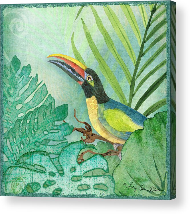 Square Format Acrylic Print featuring the painting Rainforest Tropical - Jungle Toucan w Philodendron Elephant Ear and Palm Leaves 2 by Audrey Jeanne Roberts