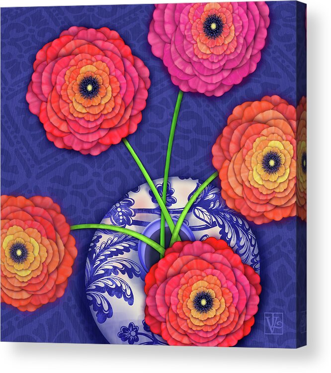 Ranunculus Acrylic Print featuring the digital art Ranunculus in Blue and White Vase by Valerie Drake Lesiak