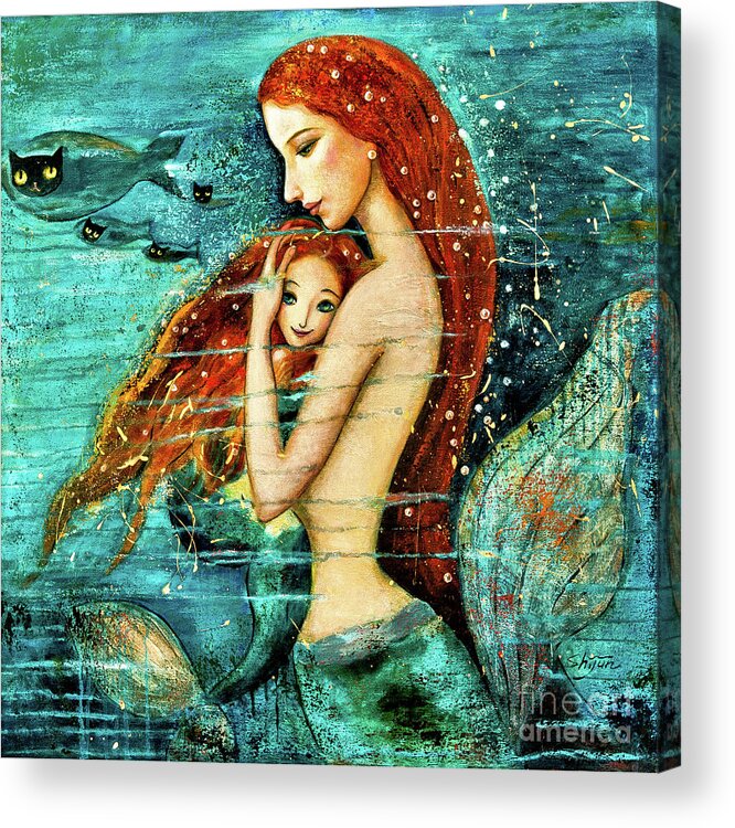 Mermaid Art Acrylic Print featuring the painting Red Hair Mermaid Mother and Child by Shijun Munns