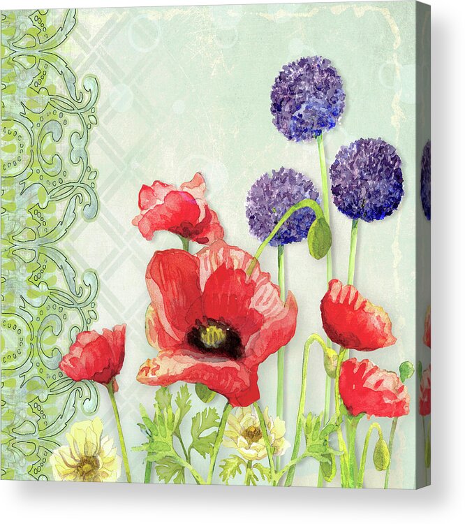 Red Poppy Acrylic Print featuring the painting Red Poppy Purple Allium III - Retro Modern Patterns by Audrey Jeanne Roberts