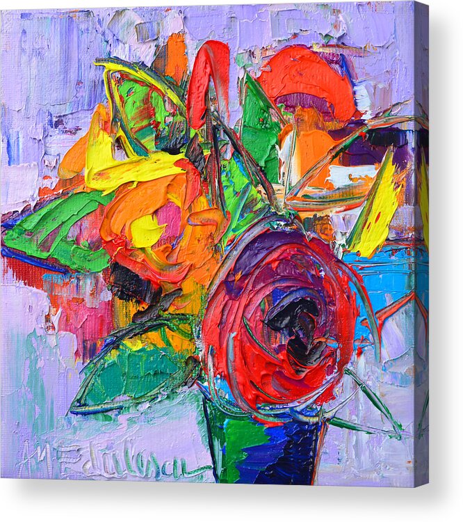 Abstract Acrylic Print featuring the painting Red Rose And Wildflowers Abstract Modern Impressionist Palette Knife Oil Painting Ana Maria Edulescu by Ana Maria Edulescu
