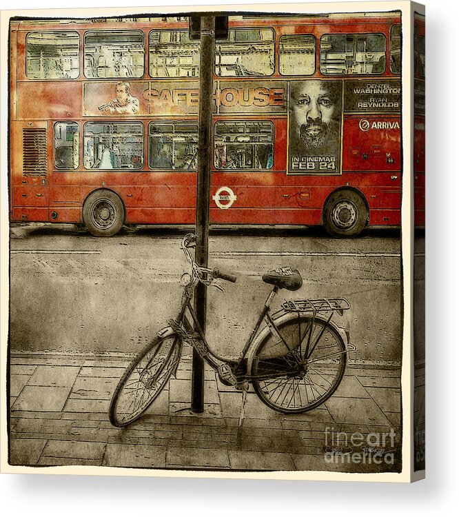 Golden Acrylic Print featuring the photograph Red Safe House Bus Bike by Craig J Satterlee