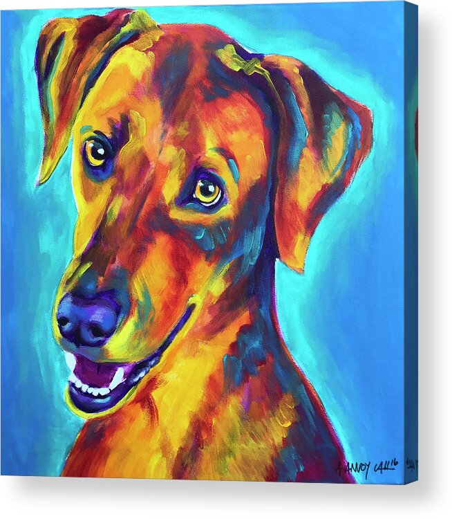 Pet Portrait Acrylic Print featuring the painting Redbone Coonhound - Yellow by Dawg Painter