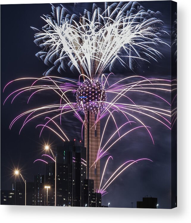 Reunion Tower Acrylic Print featuring the photograph Reunion Tower Fireworks by Robert Bellomy