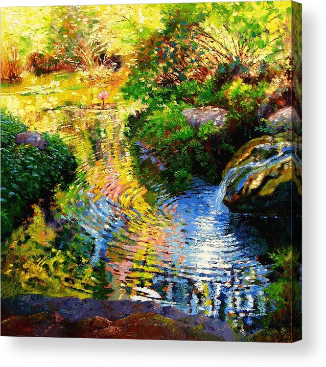 Autumn Pond Acrylic Print featuring the painting Ripples on a Quiet Pond by John Lautermilch