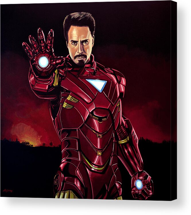 Iron Man Acrylic Print featuring the painting Robert Downey Jr. as Iron Man by Paul Meijering