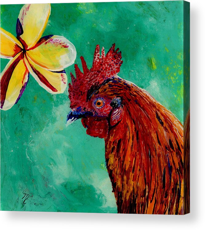 Rooster Art Acrylic Print featuring the painting Rooster and Plumeria by Marionette Taboniar