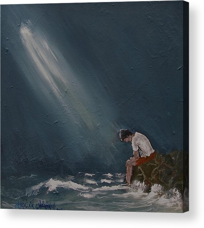 Rough Day Ocean Water Evening Wave Tired Thinking Moon Moonlight Night Light Acrylic Painting Print Blue Man Meditation Thought Dark What To Do I Don't Know Let Me Think Acrylic Print featuring the painting Rough Day by Miroslaw Chelchowski