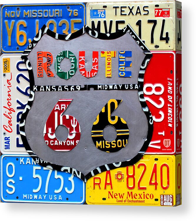 Route 66 Highway Road Sign License Plate Art Travel License Plate Map Acrylic Print featuring the mixed media Route 66 Highway Road Sign License Plate Art by Design Turnpike