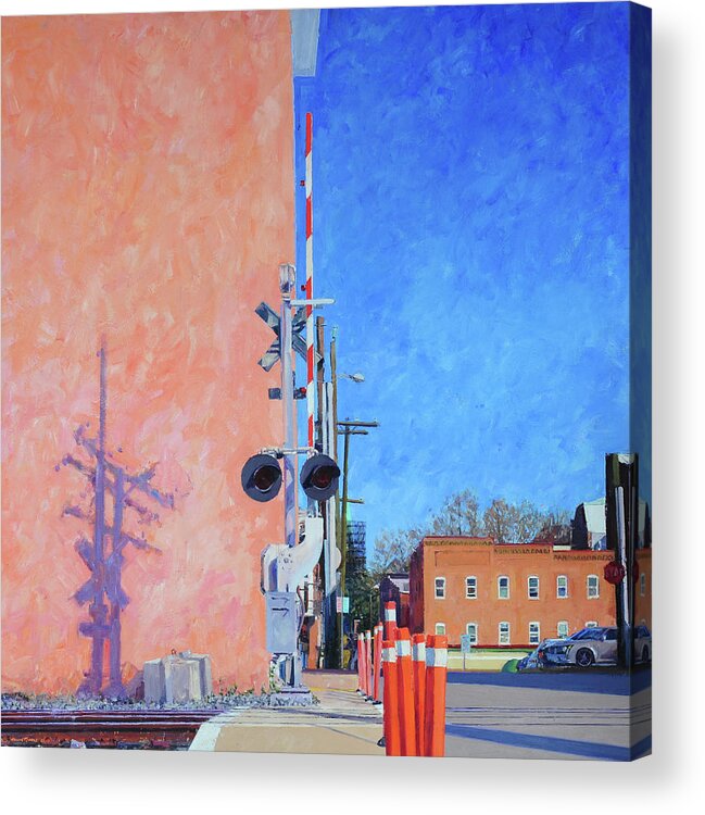 Pink Warehouse Acrylic Print featuring the painting RR Crossing at the Pink Warehouse by Edward Thomas