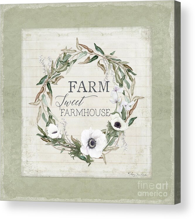  Acrylic Print featuring the painting Rustic Farm Sweet Farmhouse Shiplap Wood Boho Eucalyptus Wreath N Anemone Floral by Audrey Jeanne Roberts