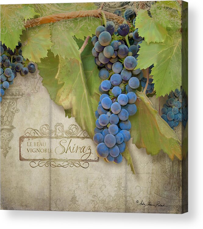 Shiraz Acrylic Print featuring the painting Rustic Vineyard - Shiraz Wine Grapes over Stone by Audrey Jeanne Roberts