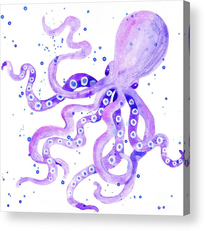Acrylic Acrylic Print featuring the painting Sand 'n Sea - Purple Octopus w Water Splatters Acrylic on Canvas by Audrey Jeanne Roberts