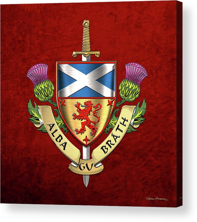 “world Heraldry” Collection Serge Averbukh Acrylic Print featuring the digital art Scotland Forever - Alba Gu Brath - Symbols of Scotland over Red Velvet by Serge Averbukh