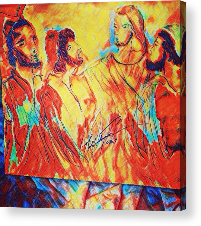 Jesus Acrylic Print featuring the mixed media Shadrach, Meshach and Abednego in the Fire with Jesus by Love Art Wonders By God