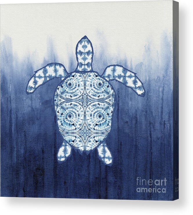 Shibori Acrylic Print featuring the painting Shibori Blue 1 - Patterned Sea Turtle over Indigo Ombre Wash by Audrey Jeanne Roberts