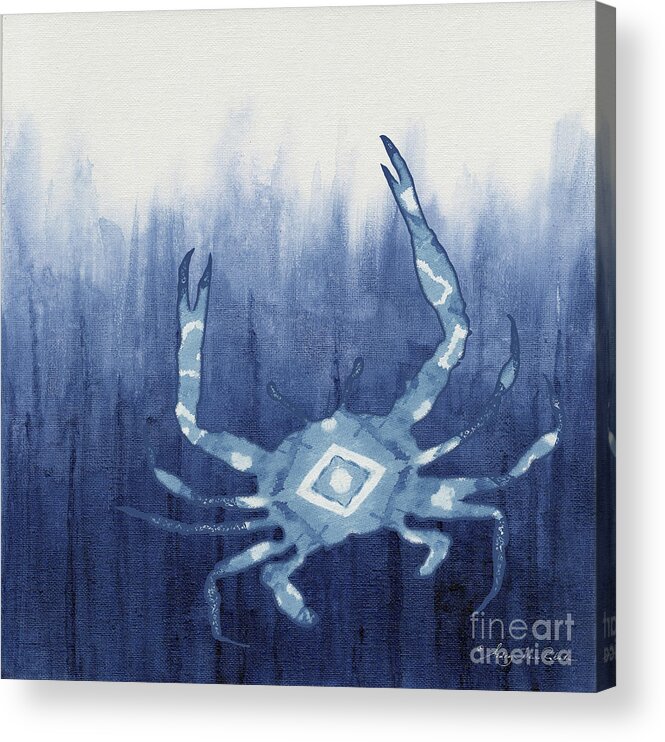Blue Crab Acrylic Print featuring the painting Shibori Blue 4 - Patterned Blue Crab over Indigo Ombre Wash by Audrey Jeanne Roberts