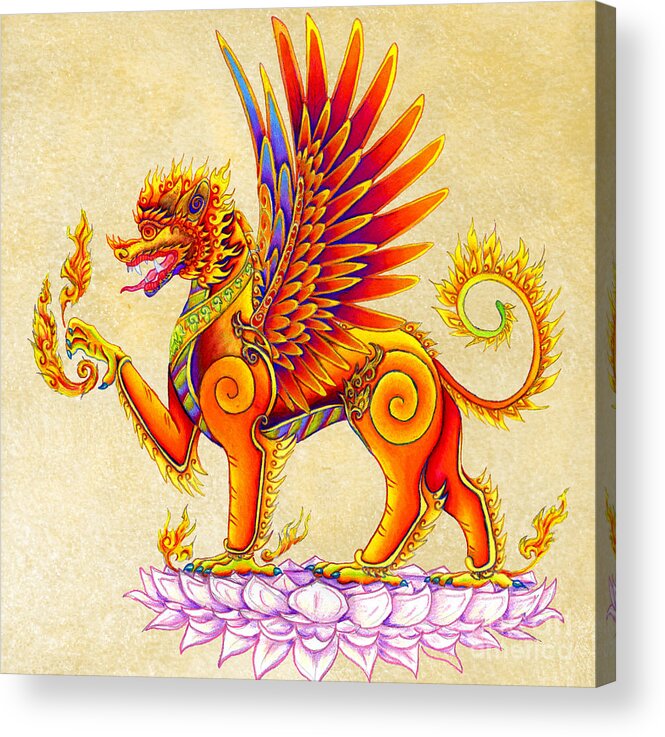 Singha Acrylic Print featuring the drawing Singha Balinese Winged Lion by Rebecca Wang