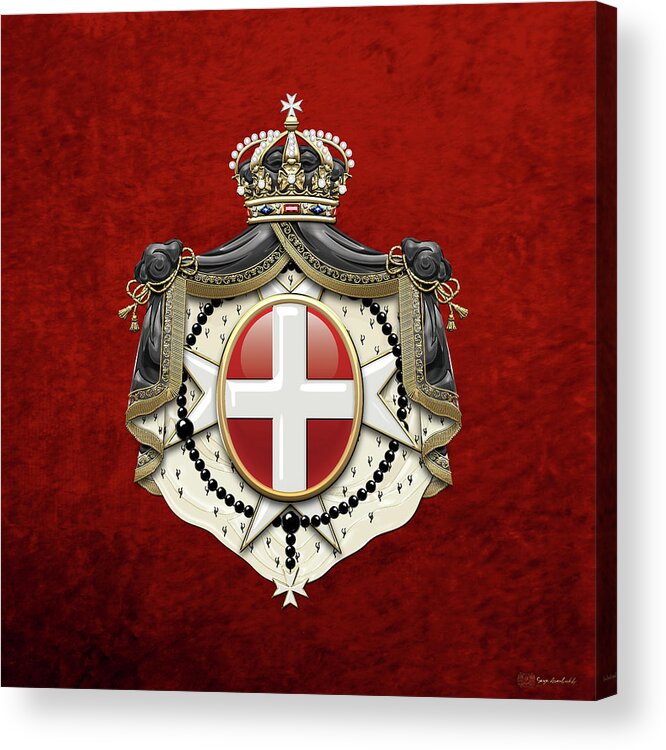 'ancient Brotherhoods' Collection By Serge Averbukh Acrylic Print featuring the digital art Sovereign Military Order of Malta Coat of Arms over Red Velvet by Serge Averbukh