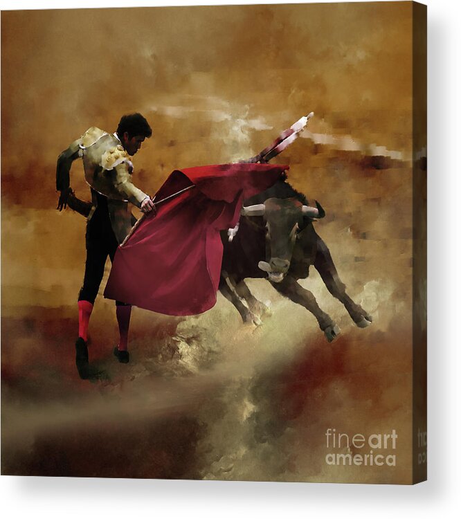 Buffalo Acrylic Print featuring the painting Spanish Bullfighting game by Gull G