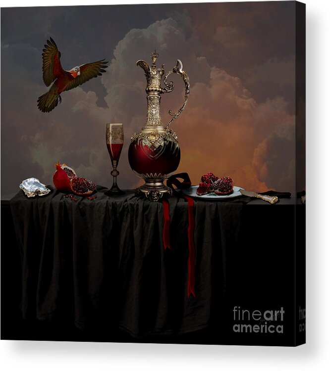 Red Acrylic Print featuring the photograph Still life with pomegranate by Alexa Szlavics