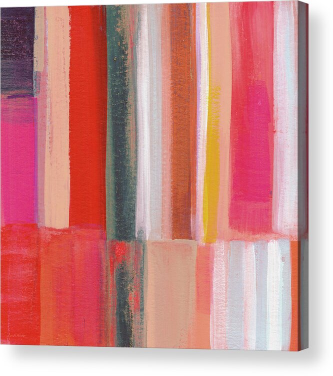 Abstract Modern Scandi Stripes Lines Square Large Colorful Colourful Pink Red Blue White Orange Texture Home Decorairbnb Decorliving Room Artbedroom Artloft Art Corporate Artset Designgallery Wallart By Linda Woodsart For Interior Designersgreeting Cardpillowtotehospitality Arthotel Artart Licensing Acrylic Print featuring the painting Stroget 1- Art by Linda Woods by Linda Woods