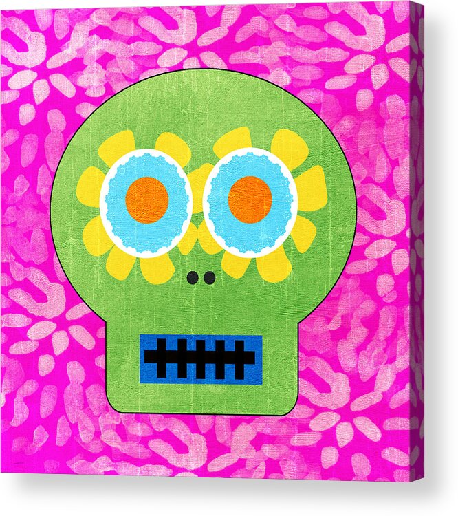 Day Of The Dead Acrylic Print featuring the painting Sugar Skull Green and Pink by Linda Woods