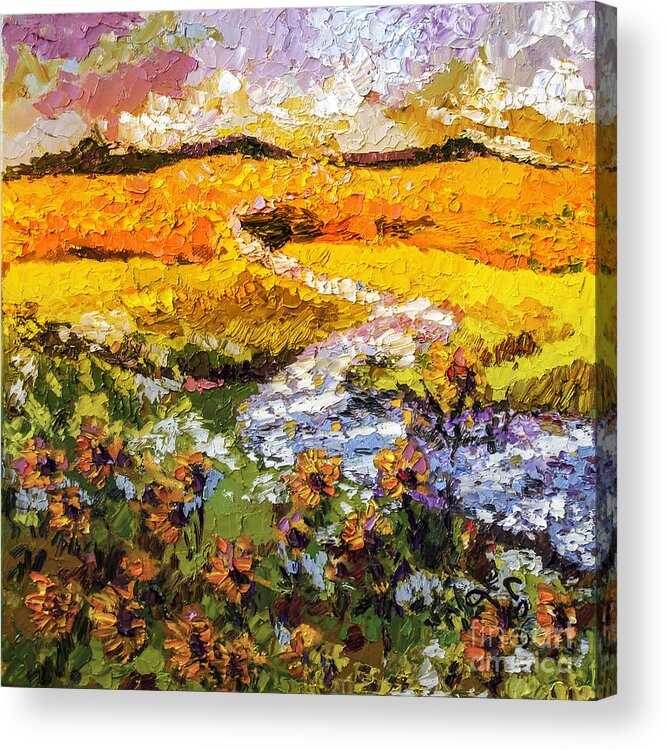 Landscapes Acrylic Print featuring the painting Summer landscape Sunflowers Provence by Ginette Callaway
