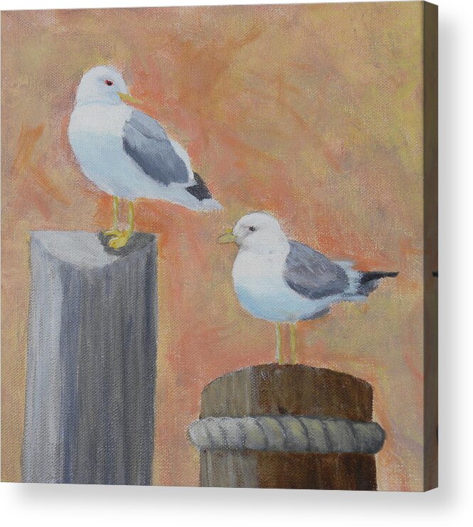 Sunrise Seagulls Birds Docks Ocean Sea Landscape Seascape Acrylic Print featuring the painting Sunrise Delight by Scott W White