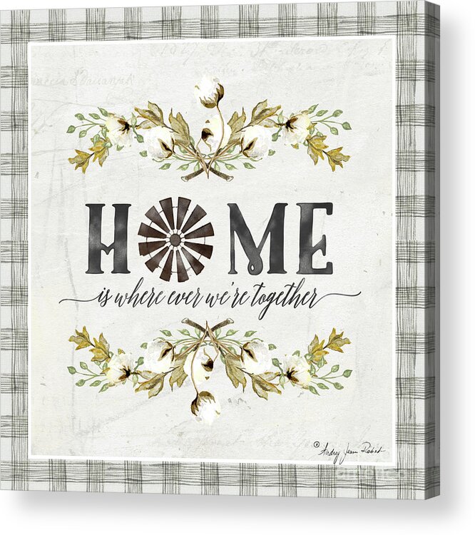 Home Acrylic Print featuring the painting Sweet Life Farmhouse 5 Home Windmill Cotton Boll Laurel Leaf Buffalo Check Plaid by Audrey Jeanne Roberts