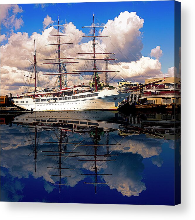 Boats Acrylic Print featuring the photograph Tall Ship Blues Watercolor Painting by Debra and Dave Vanderlaan