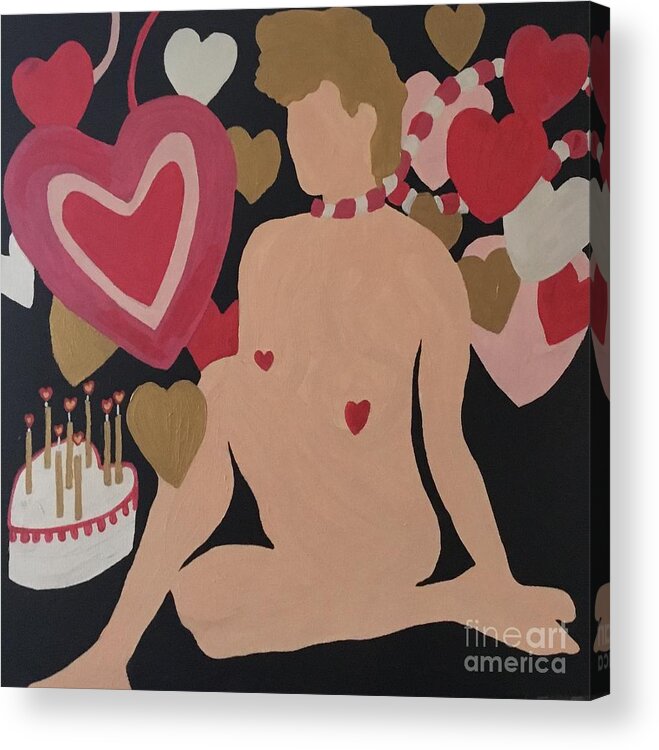 Valentines Day. Cake Birthday Hearts Nude Female Acrylic Print featuring the painting Tenth Valentine's Day by Erika Jean Chamberlin