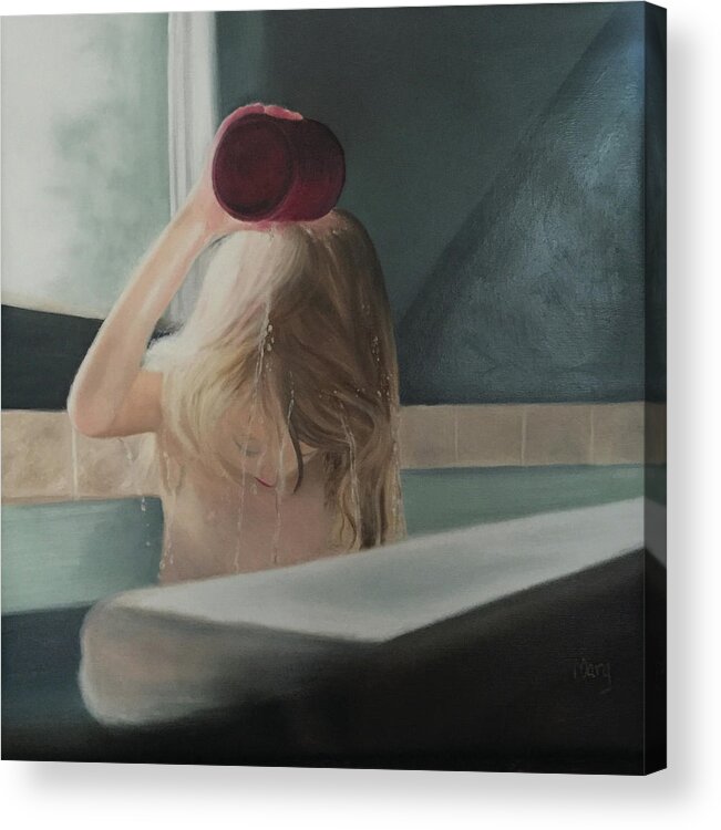 Child; Water; Bathing; Tub; Contemplation; Hair; Pouring Water Acrylic Print featuring the painting The Bath by Marg Wolf