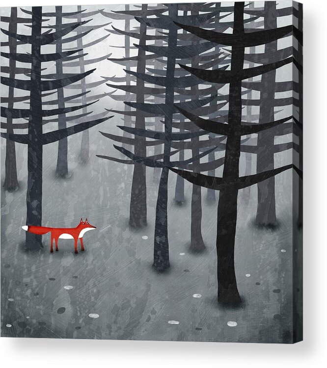 Fox Forest Woods Trees Foxes Pines Wildlife Nature Pine Trees Pine Forest Wild Landscape Grey Gray Black Red Art Painting Design Squirrell #nicsquirrell Foxy Nature Wildlife Creatures Forest Creatures Wilderness Animals Landscapes Acrylic Print featuring the painting The Fox and the Forest by Nic Squirrell
