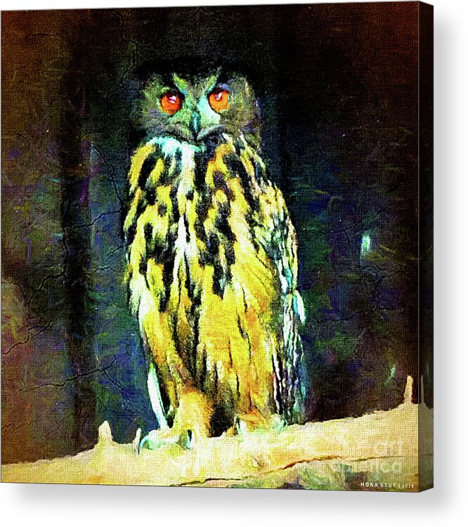 Mona Stut Acrylic Print featuring the mixed media Majestic Great Horned Owl Bubo Bubo by Mona Stut
