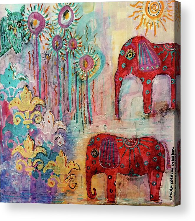 Elephants Acrylic Print featuring the mixed media The Guardians of Night and Day by Mimulux Patricia No