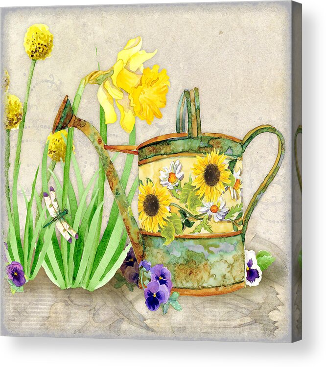Pansy Acrylic Print featuring the painting The Promise of Spring - Watering Can by Audrey Jeanne Roberts