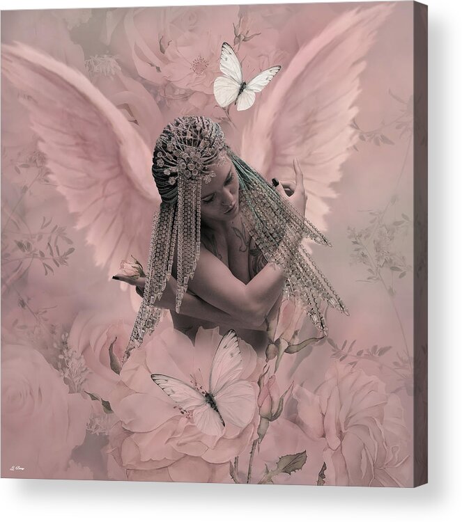 Peach Acrylic Print featuring the mixed media The Sensually Shy Angel by Gayle Berry