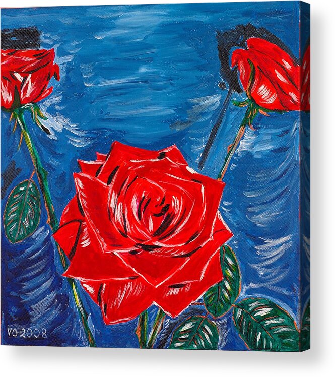 Rose Acrylic Print featuring the painting Three Red Roses Four Leaves by Valerie Ornstein