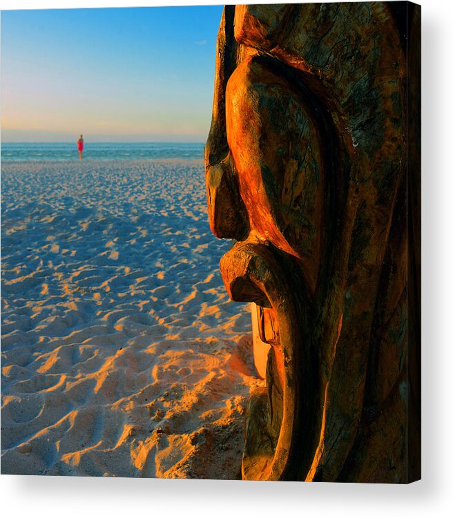 Tiki Acrylic Print featuring the photograph Tiki and the woman in the pink towel by David Lee Thompson