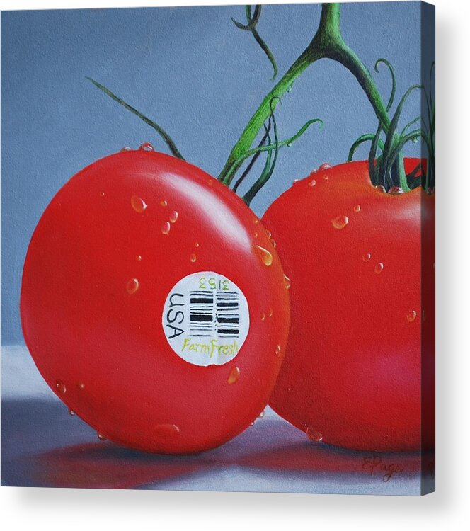 Realism Acrylic Print featuring the painting Tomatoes with Sticker by Emily Page