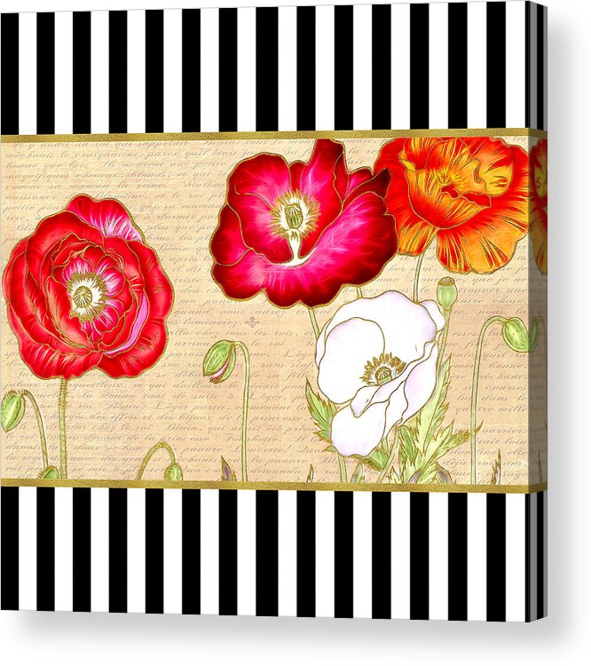 Red Poppies Acrylic Print featuring the digital art Trendy Red Poppy Floral Black and White Stripes by Tracie Schiebel