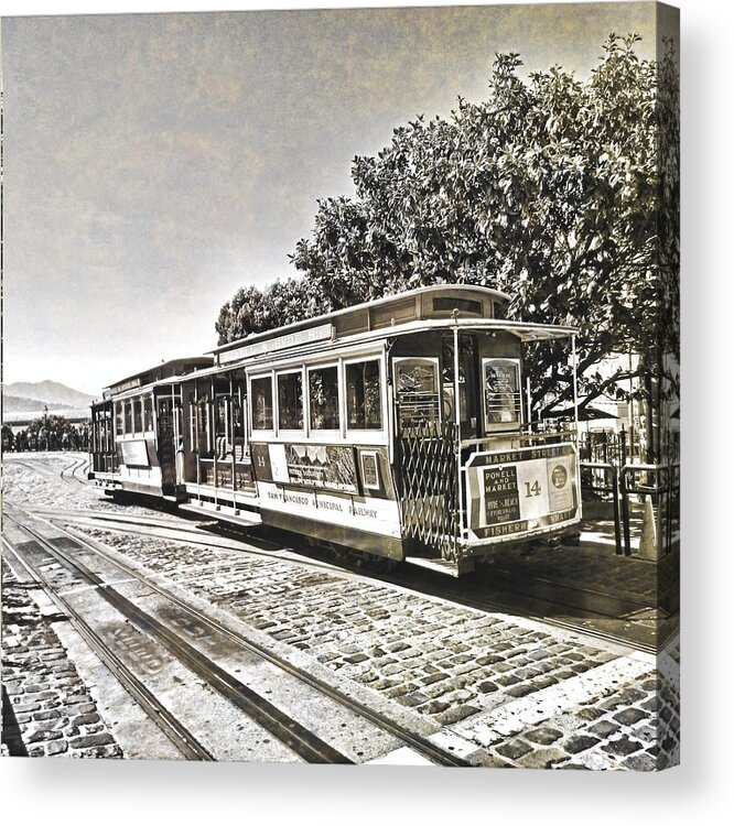 Trolley Car Acrylic Print featuring the digital art Trolley in Black and White by Mary Pille