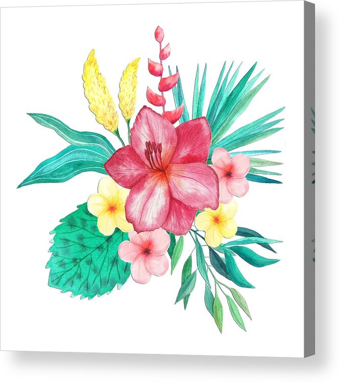 Delicate Acrylic Print featuring the painting Tropical Watercolor Bouquet 9 by Elaine Plesser