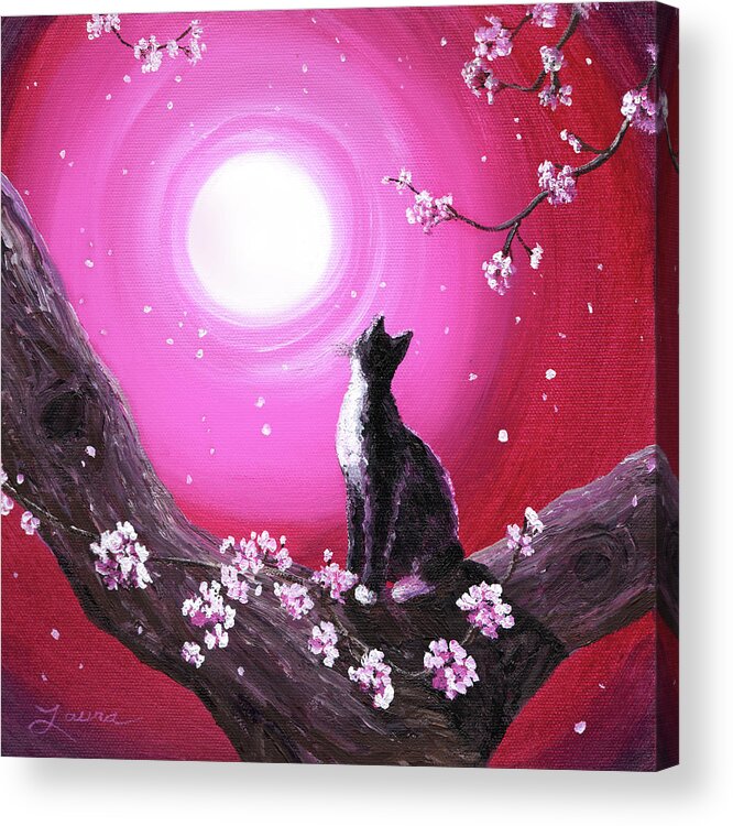 Tuxedo Cat Acrylic Print featuring the painting Tuxedo Cat in Cherry Blossoms by Laura Iverson
