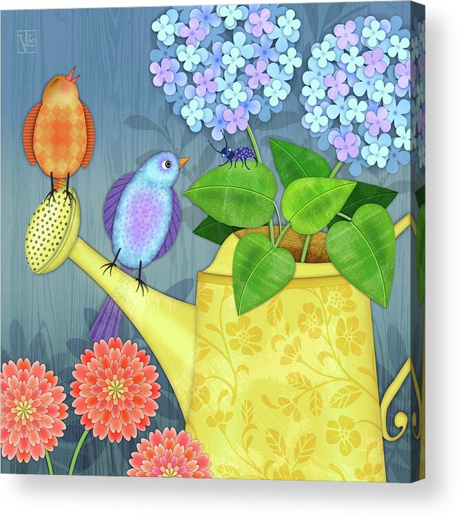 Garden Acrylic Print featuring the digital art Two Birds on a Watering Can by Valerie Drake Lesiak