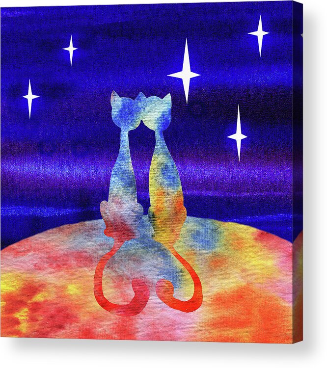Two Cats Starry Night Silhouette Acrylic Print featuring the painting Two Cats Starry Night Silhouette by Irina Sztukowski