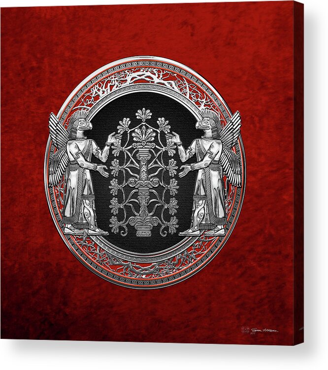 ‘treasures Of Mesopotamia’ Collection By Serge Averbukh Acrylic Print featuring the digital art Two Instances of Silver God Ninurta with Tree of Life over Red Velvet by Serge Averbukh
